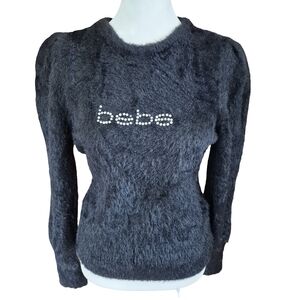 Bebe Charcoal Fuzzy Sweater with Rhinestone Logo